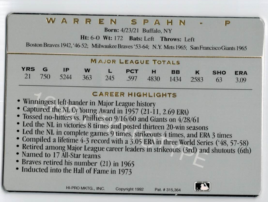 1992 Action Packed ASG Prototypes #4 Warren Spahn back image