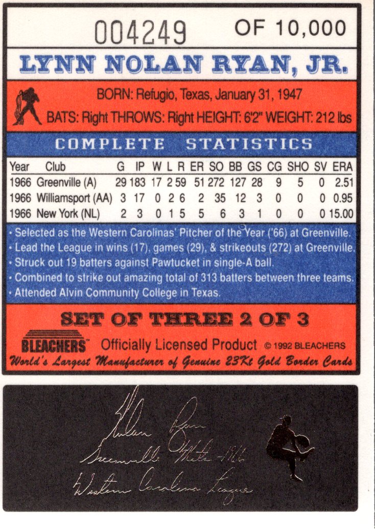 1992 Bleachers 23K Ryan #2 Nolan Ryan/Greenville Mets - NM-MT