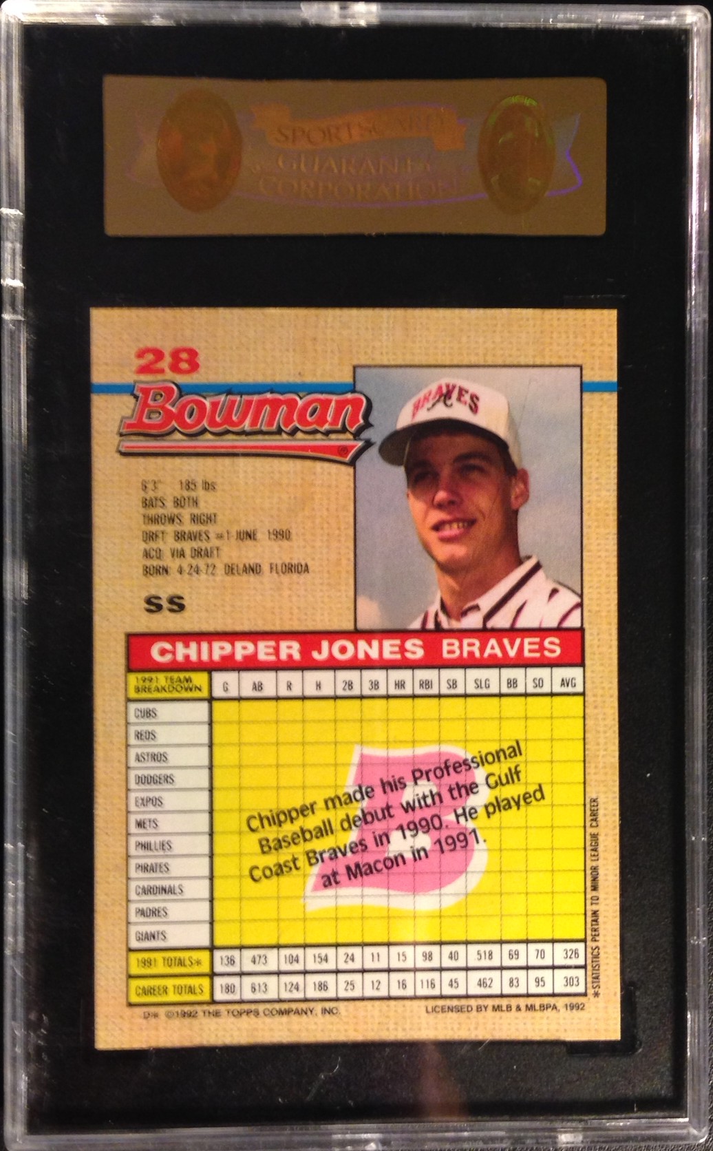 1992 Bowman #28 Chipper Jones back image