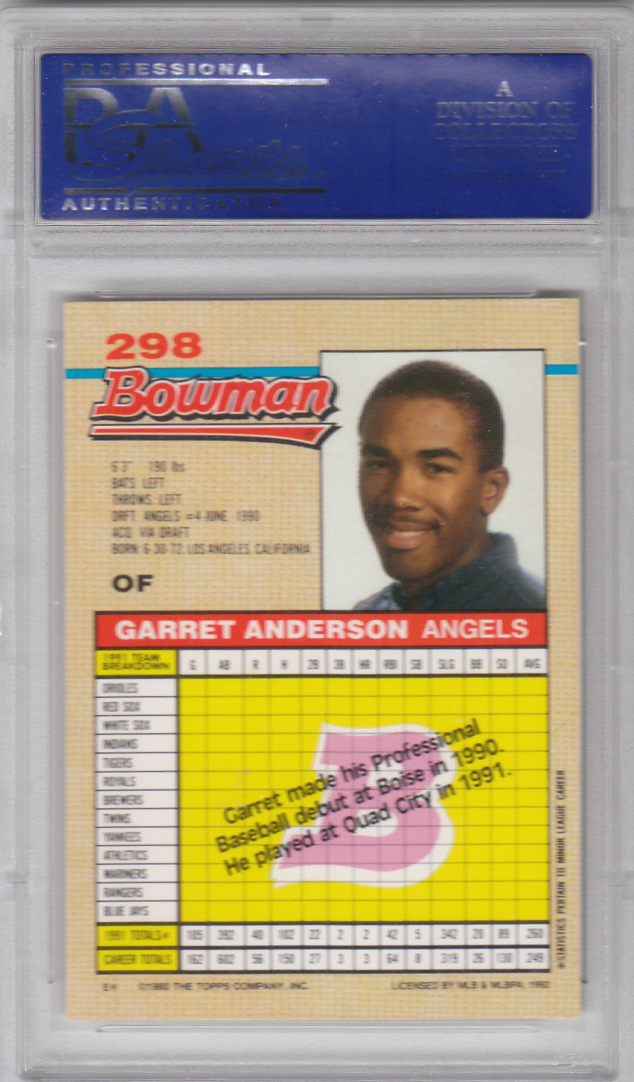 1992 Bowman #298 Garret Anderson RC back image