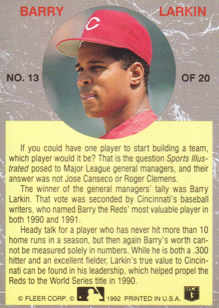 1992 Ultra All-Stars #13 Barry Larkin back image