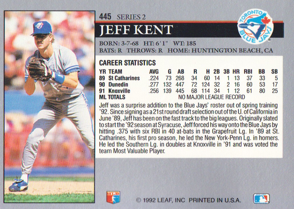 1992 Leaf #445 Jeff Kent RC back image