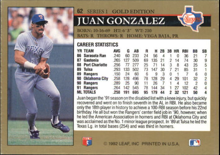 1992 Leaf Black Gold #62 Juan Gonzalez back image