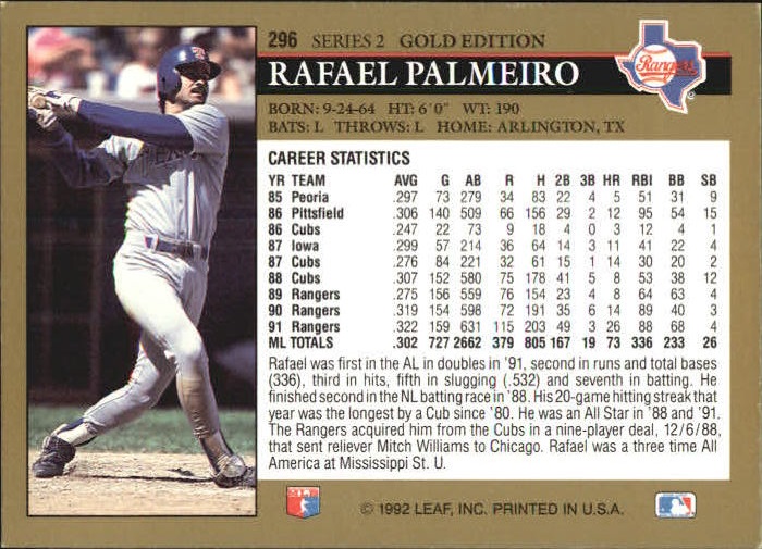 1992 Leaf Black Gold #296 Rafael Palmeiro back image