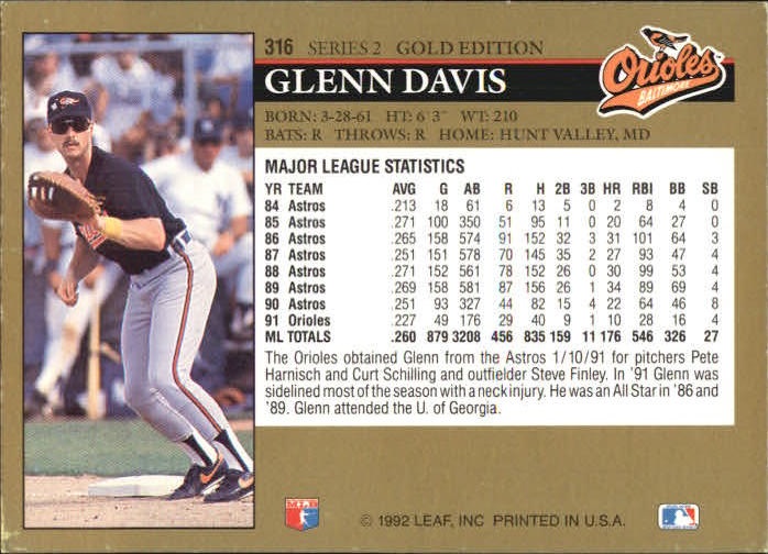 1992 Leaf Black Gold #316 Glenn Davis back image