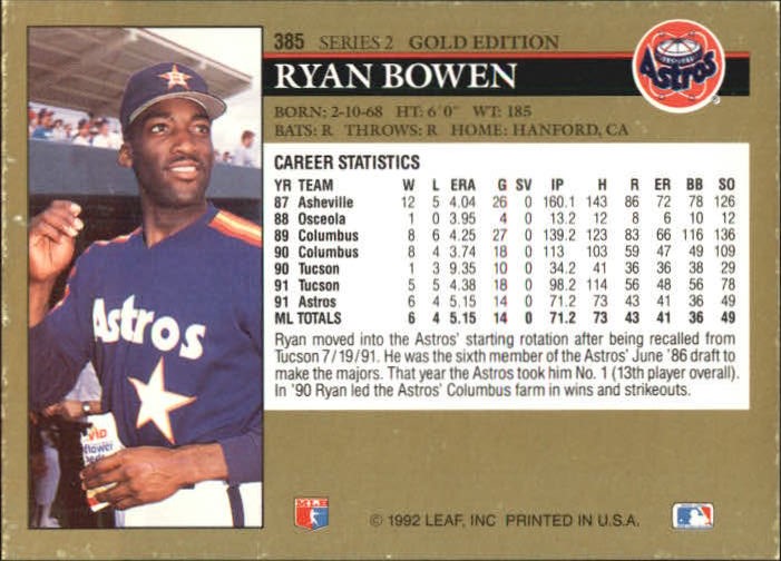 1992 Leaf Black Gold #385 Ryan Bowen back image