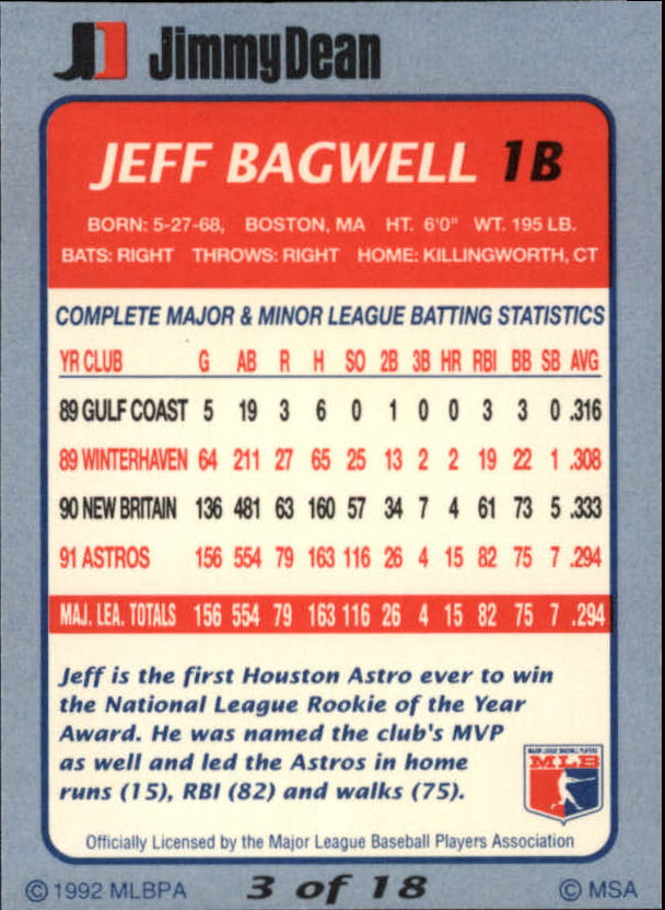 1992 Jimmy Dean #3 Jeff Bagwell back image