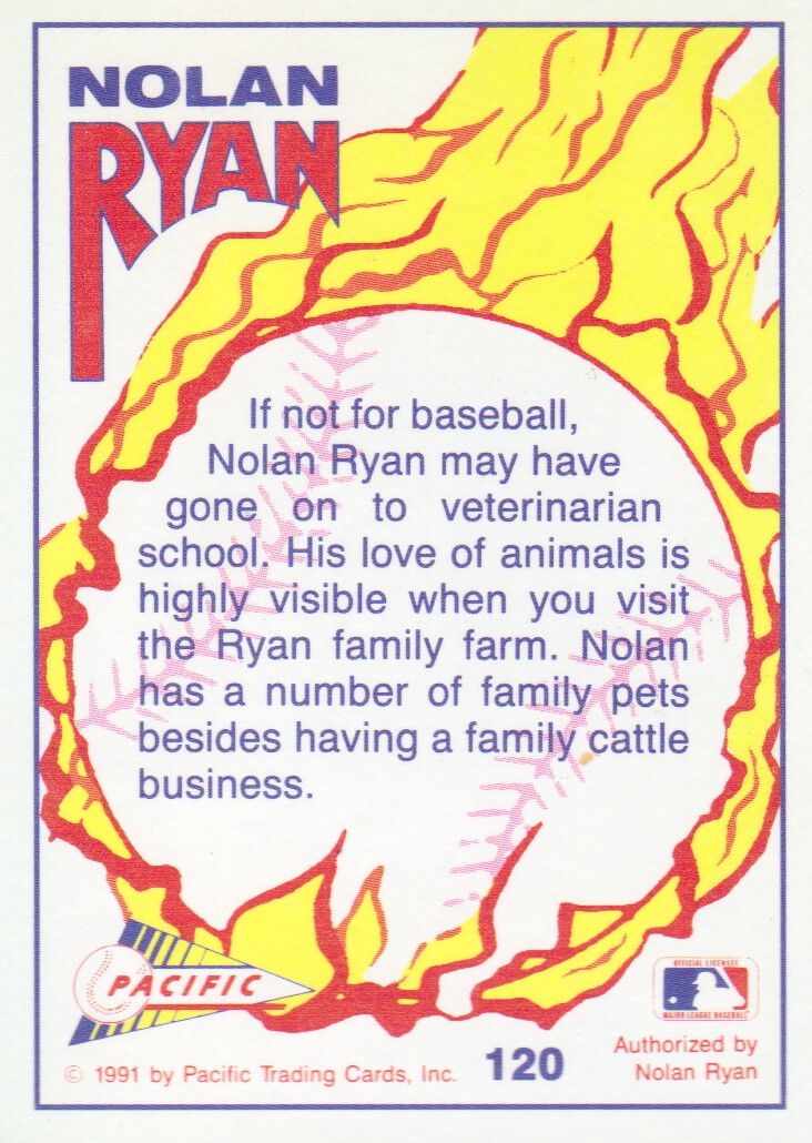 1992 Pacific Ryan Texas Express II #120 Nolan Ryan/Loves Animals back image