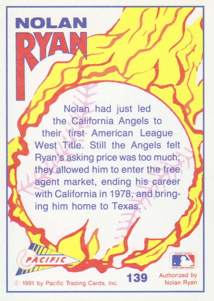 1992 Pacific Ryan Texas Express II #139 Nolan Ryan/Free Agent back image