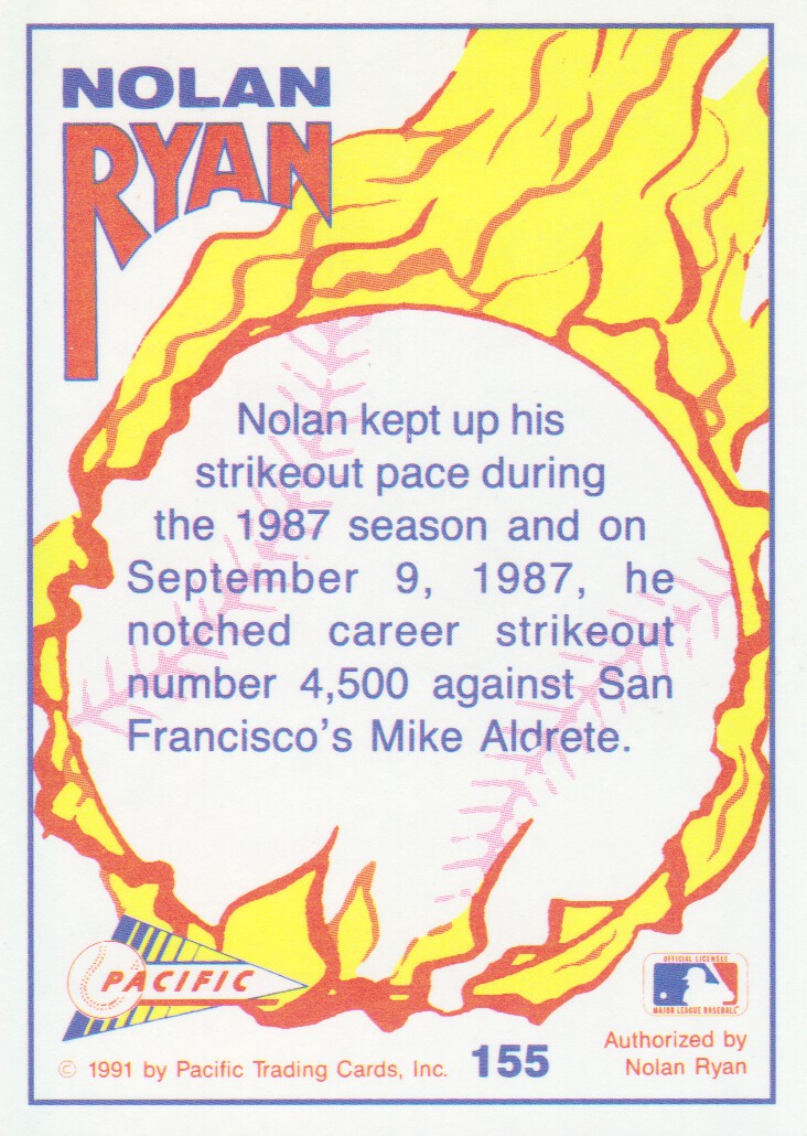 1992 Pacific Ryan Texas Express II #155 Nolan Ryan/4,500th Strikeout back image