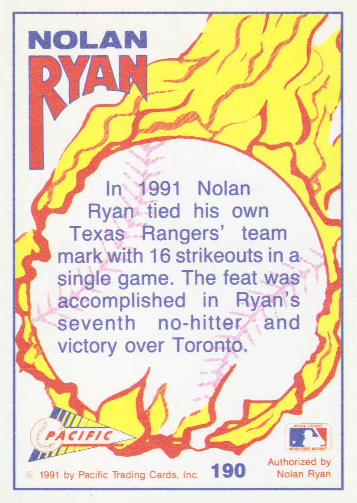 1992 Pacific Ryan Texas Express II #190 Nolan Ryan/Ranger Strikeout Mark back image