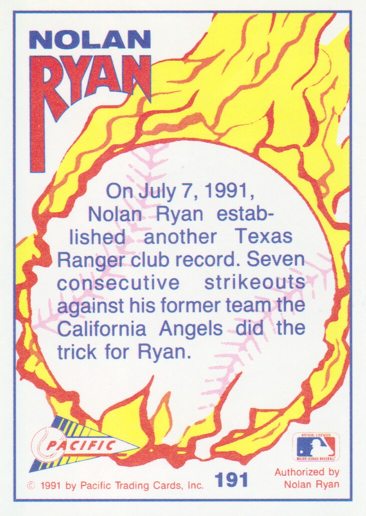1992 Pacific Ryan Texas Express II #191 Nolan Ryan/Consecutive K's back image