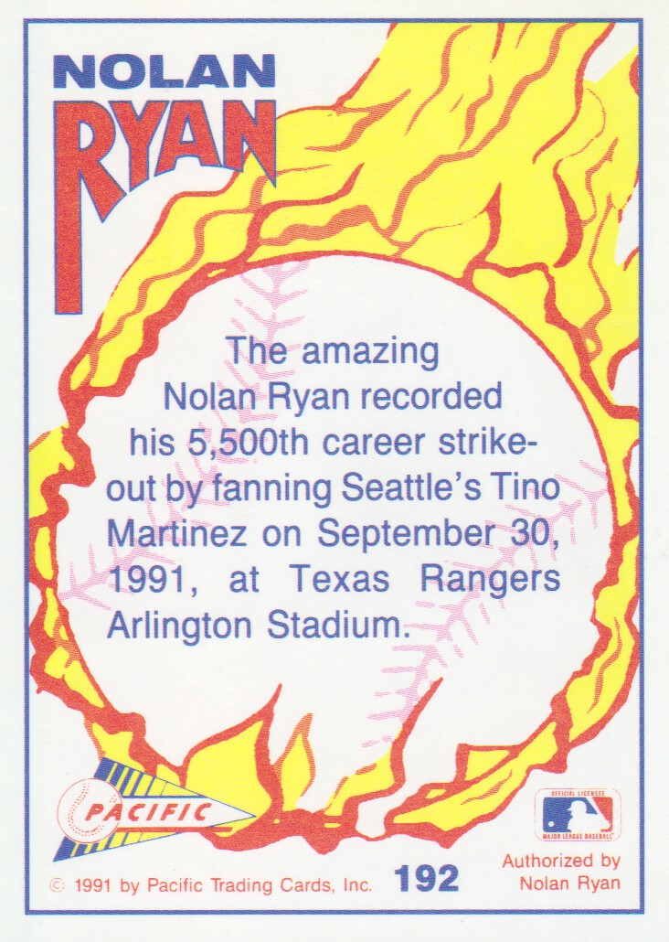 1992 Pacific Ryan Texas Express II #192 Nolan Ryan/5,500th Strikeout back image