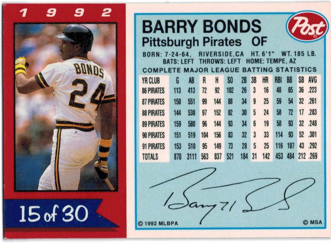 1992 Post #15 Barry Bonds back image