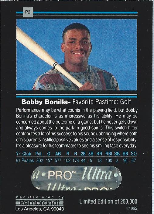 1992 Rembrandt Ultra-Pro Promos #P2 Bobby Bonilla/Front pose/shot from waist up back image