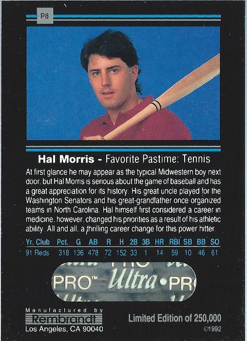 1992 Rembrandt Ultra-Pro Promos #P8 Hal Morris/Posed, tennis racket in hand back image