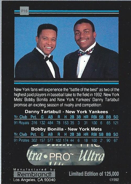1992 Rembrandt Ultra-Pro Promos #P16 Danny Tartabull/and Bobby Bonilla/(Posed in tuxe back image