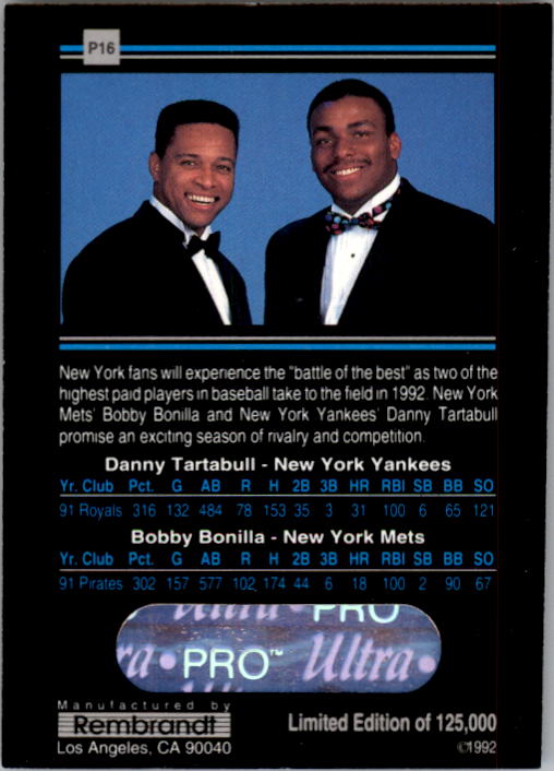 1992 Rembrandt Ultra-Pro Promos #P16 Danny Tartabull/and Bobby Bonilla/(Posed in tuxe back image