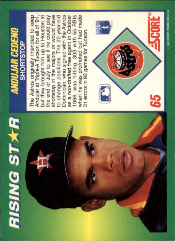 1992 Score 100 Rising Stars #65 Andujar Cedeno back image