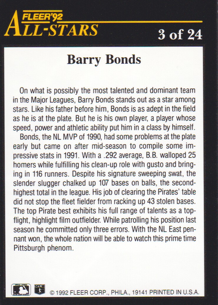 1992 Fleer All-Stars Barry Bonds #3 on Kronozio