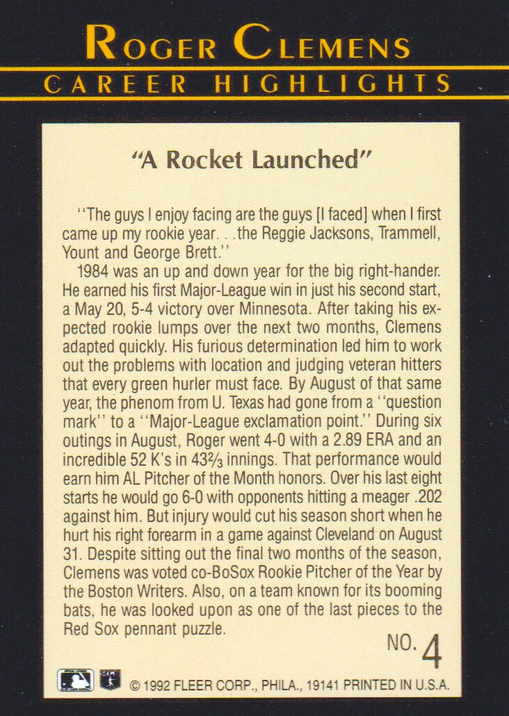 1992 Fleer Clemens #4 Roger Clemens/Rocket Launched back image