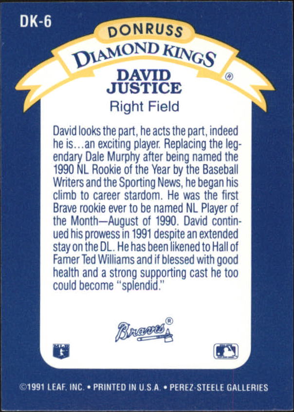 1992 Donruss Diamond Kings #DK6 David Justice back image