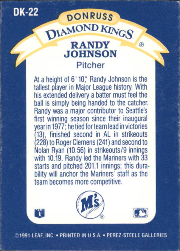 1992 Donruss Diamond Kings #DK22 Randy Johnson back image