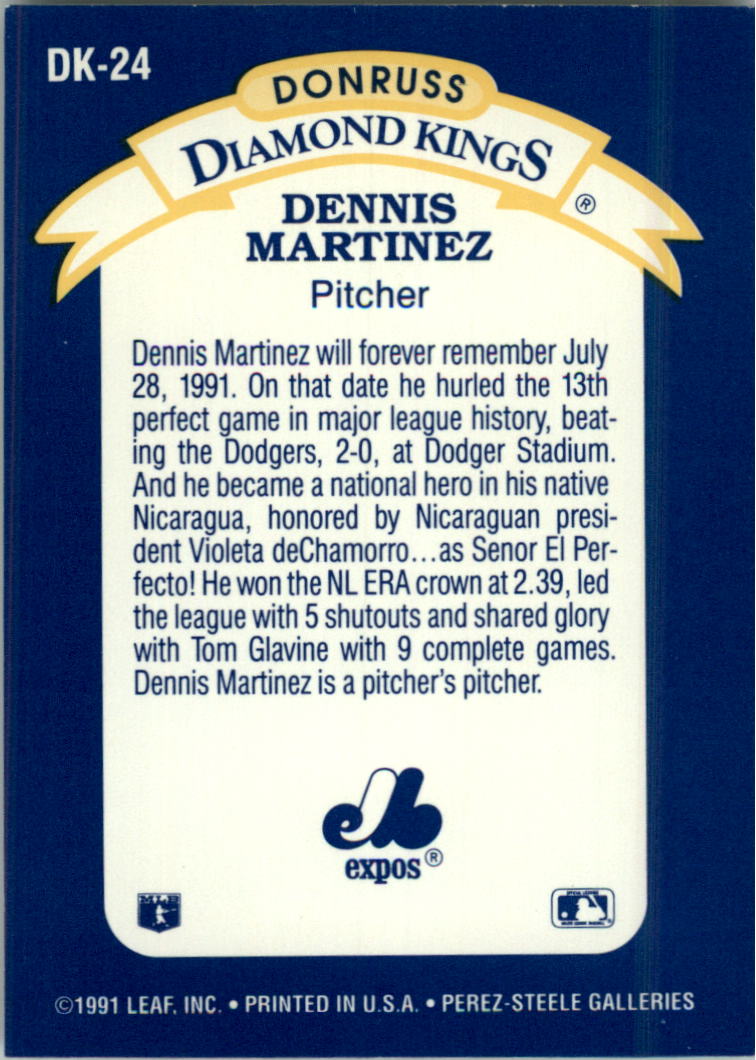 1992 Donruss Diamond Kings #DK24 Dennis Martinez back image
