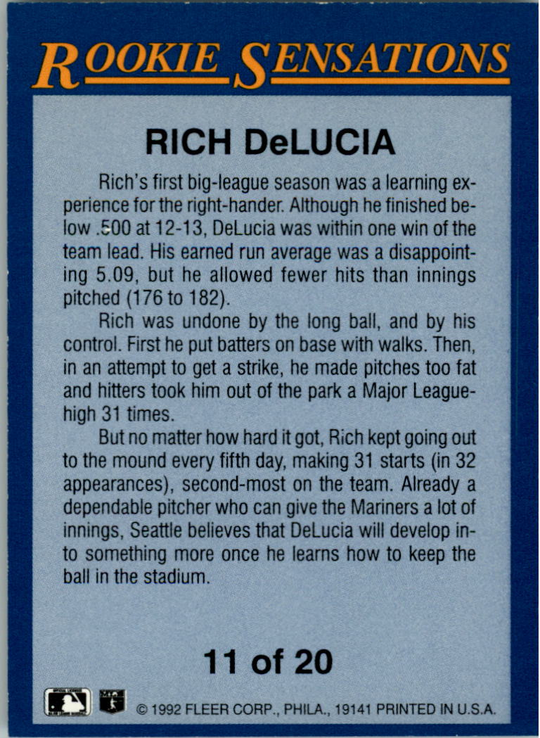 1992 Fleer Rookie Sensations #11 Rich DeLucia back image