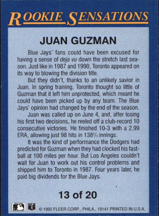 1992 Fleer Rookie Sensations #13 Juan Guzman back image