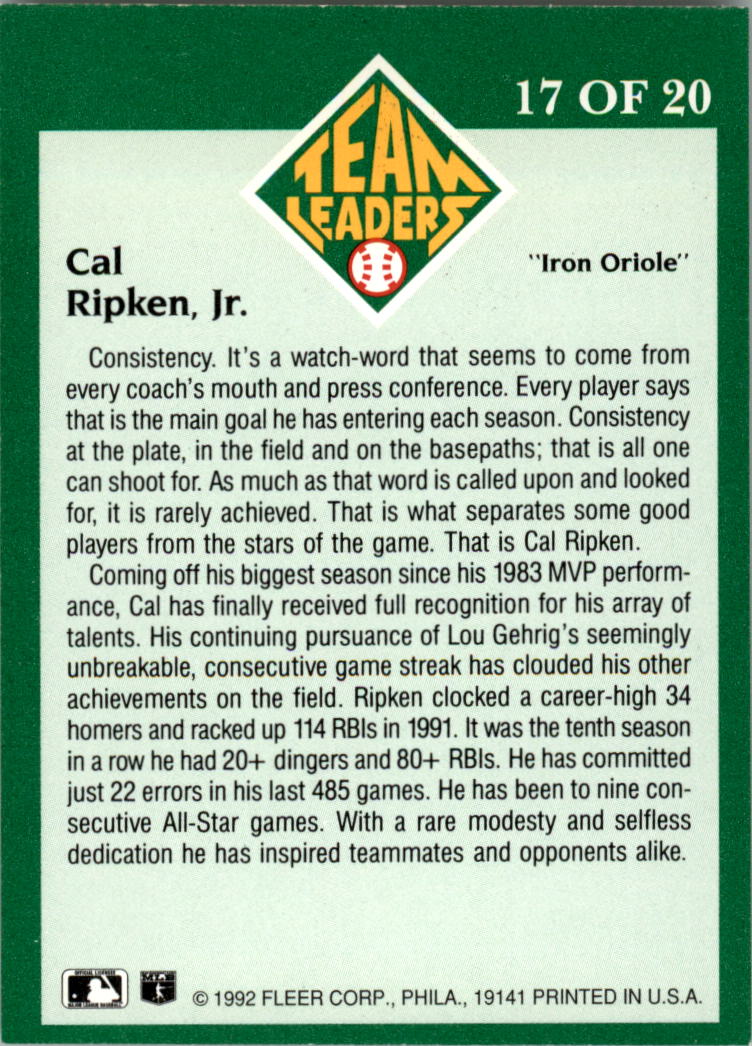 1992 Fleer Team Leaders #17 Cal Ripken back image