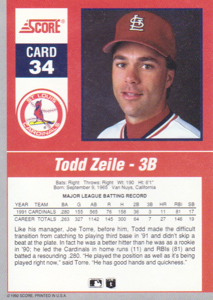 1992 Score Impact Players #34 Todd Zeile back image