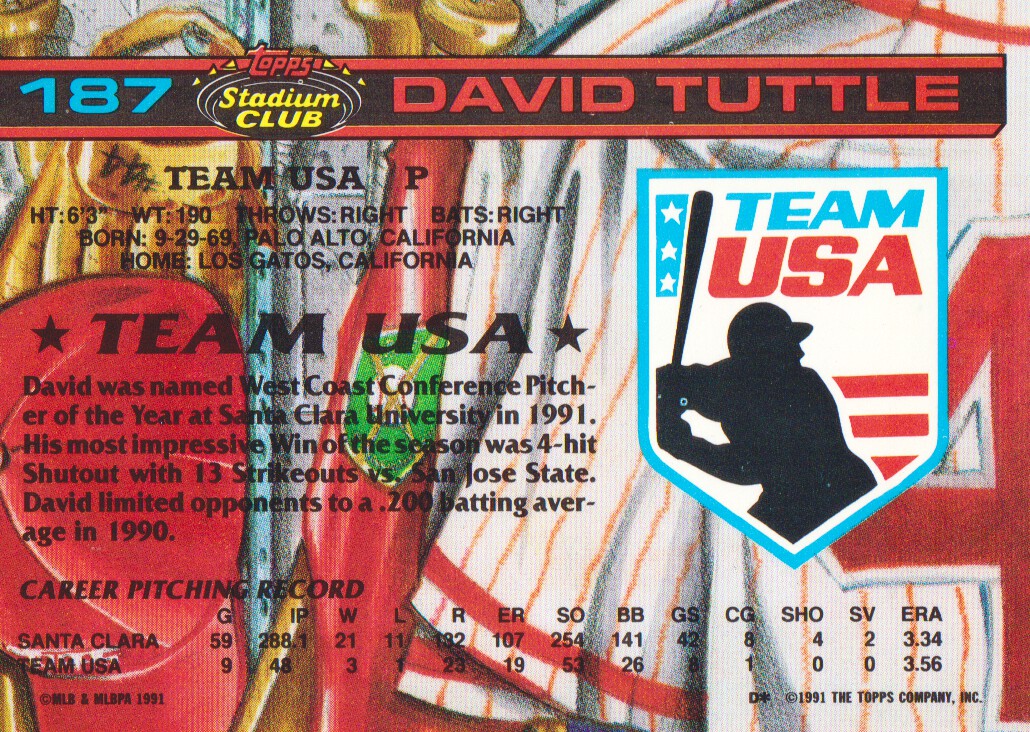1992 Stadium Club Dome #188 David Tuttle UER/Mistakenly numbered/as 187 on card back image