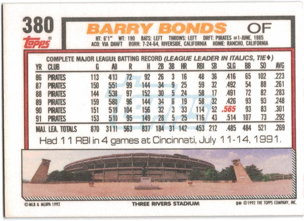 1992 Topps #380 Barry Bonds back image