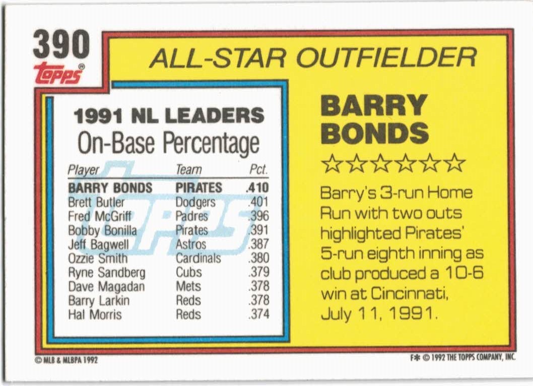 1992 Topps #390 Barry Bonds AS back image