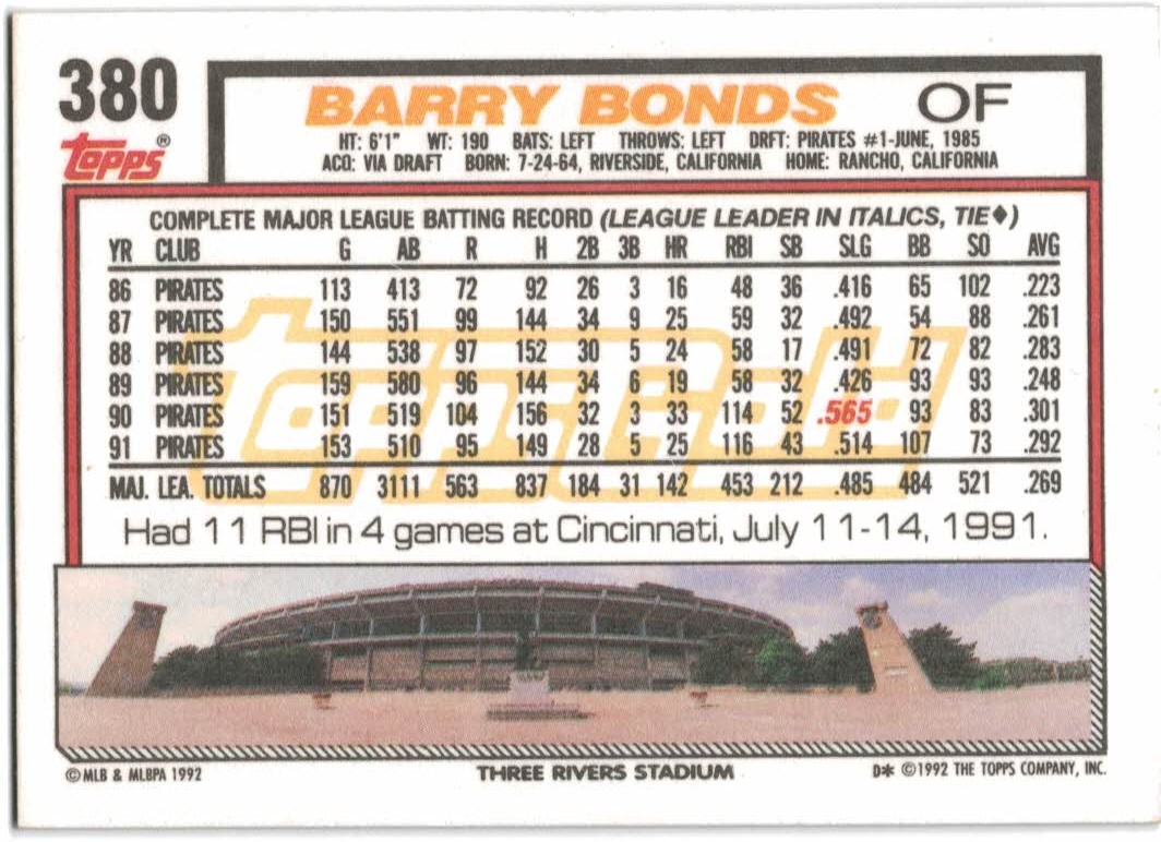 1992 Topps Gold #380 Barry Bonds back image