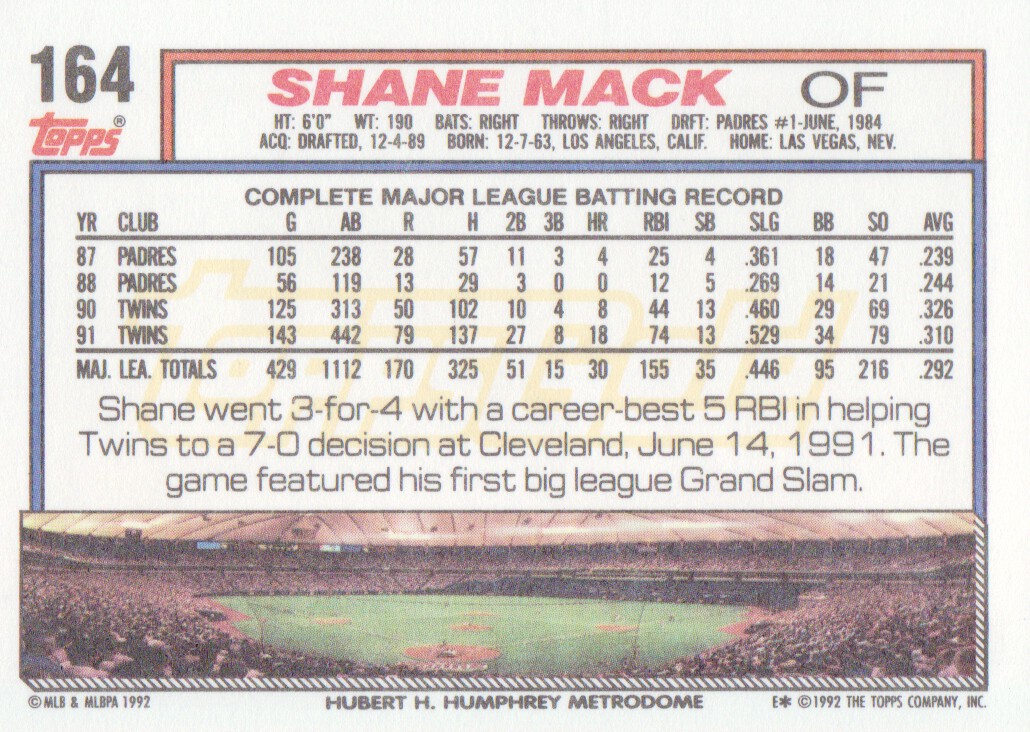 1992 Topps Gold Winners #164 Shane Mack back image