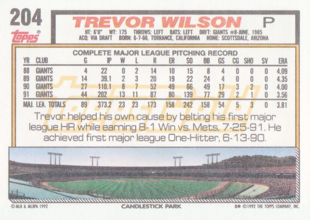 1992 Topps Gold Winners #204 Trevor Wilson back image