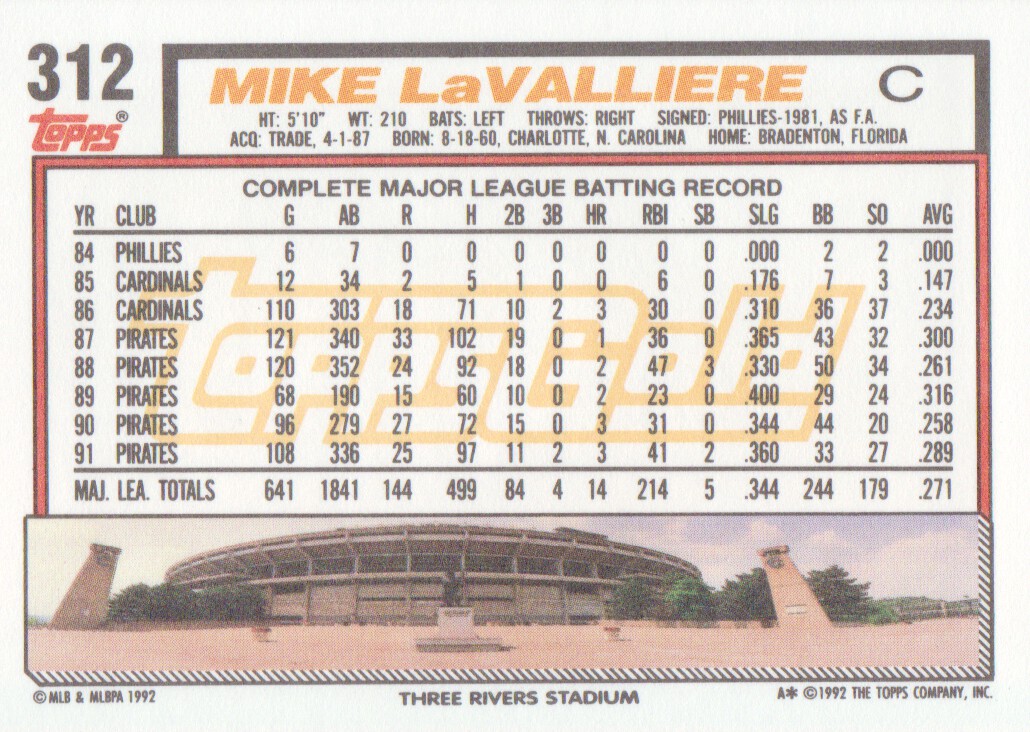 1992 Topps Gold Winners #312 Mike LaValliere back image