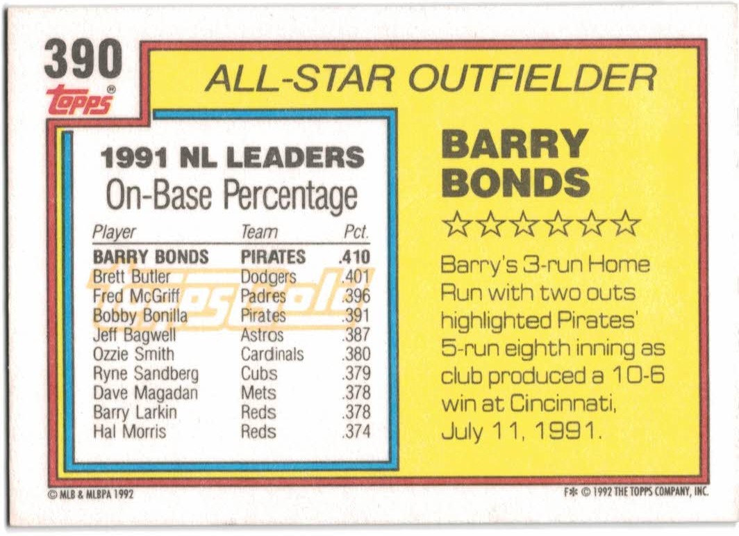 1992 Topps Gold Winners #390 Barry Bonds AS back image