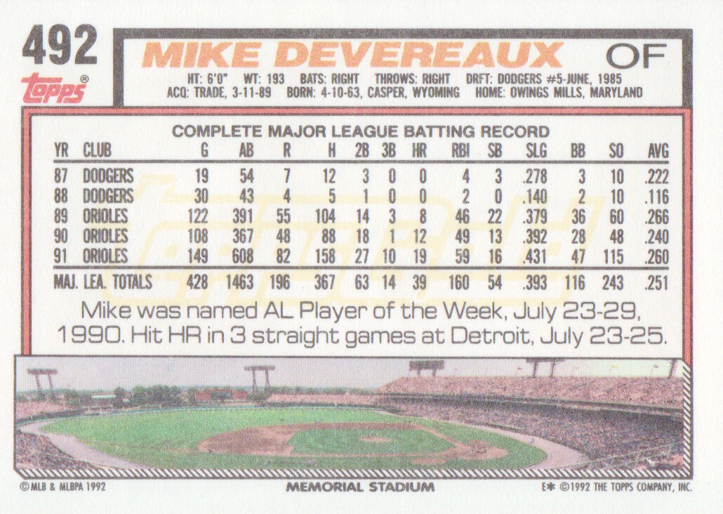 1992 Topps Gold Winners #492 Mike Devereaux back image