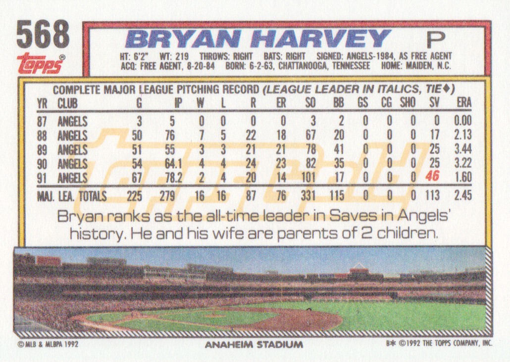 1992 Topps Gold Winners #568 Bryan Harvey back image