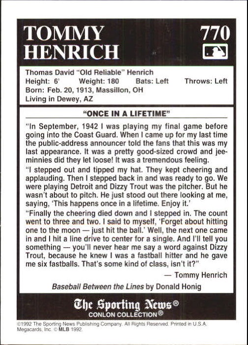 1992-93 Conlon TSN Gold Inserts #770 Tommy Henrich back image
