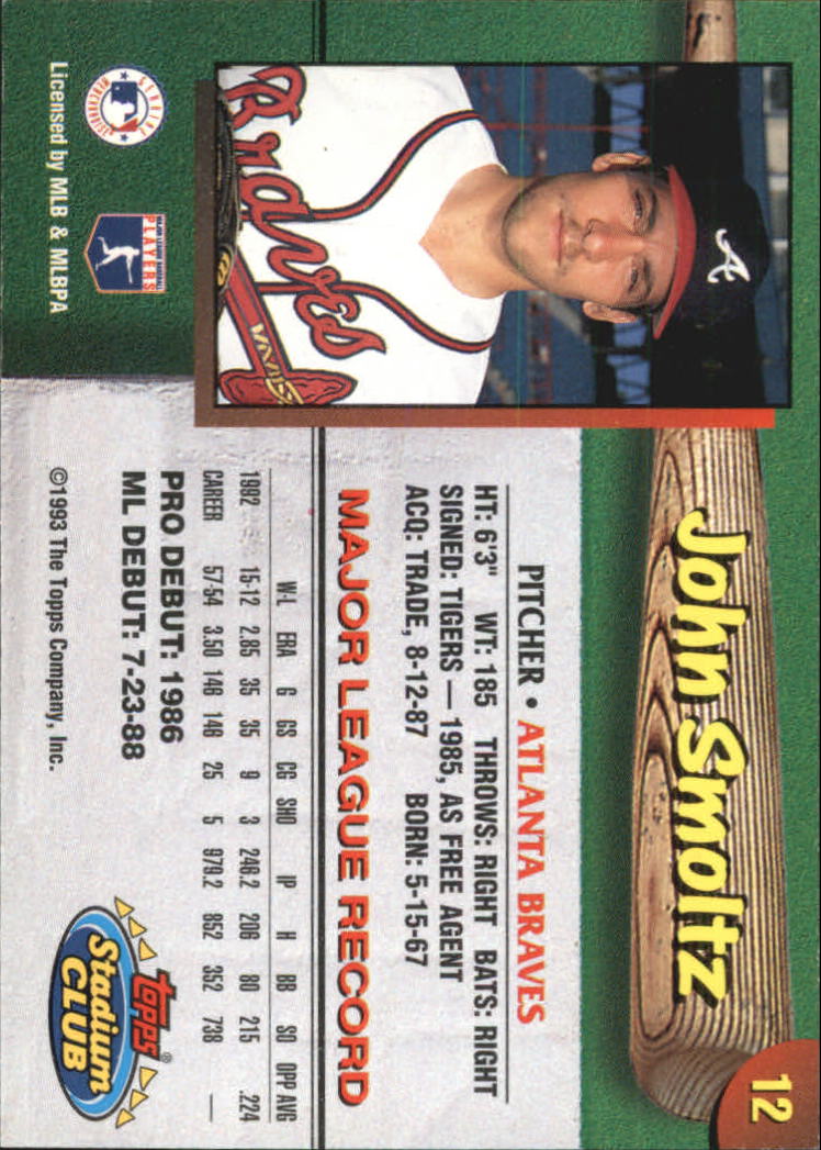 1993 Braves Stadium Club #12 John Smoltz back image