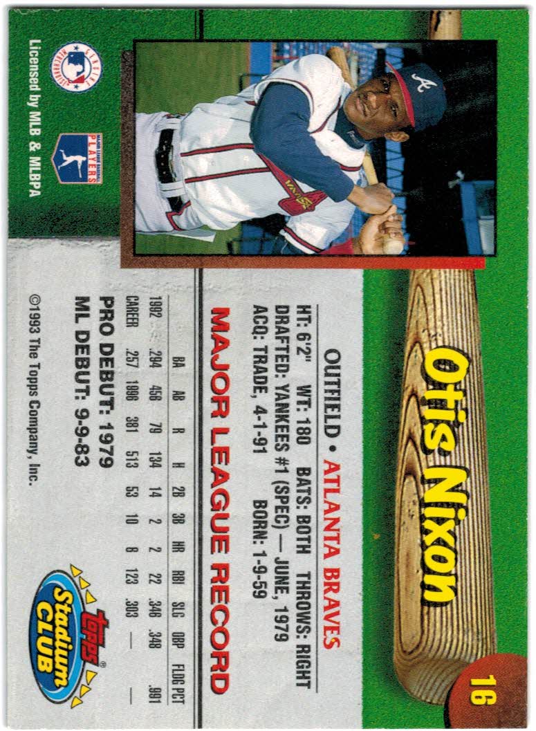 1993 Braves Stadium Club #16 Otis Nixon - NM-MT - The Dugout