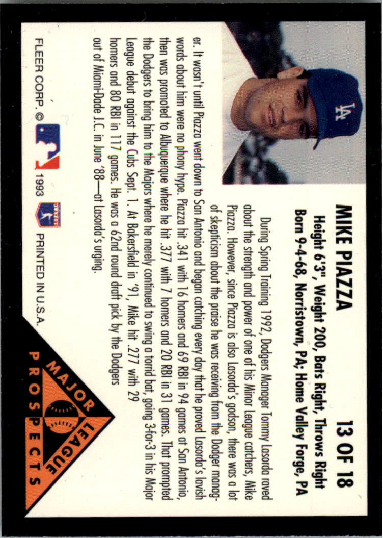 1993 Fleer Major League Prospects #13 Mike Piazza/Series 1 back image
