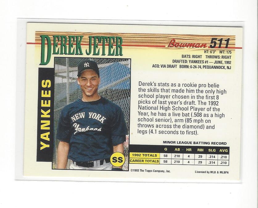 1993 Bowman #511 Derek Jeter RC back image