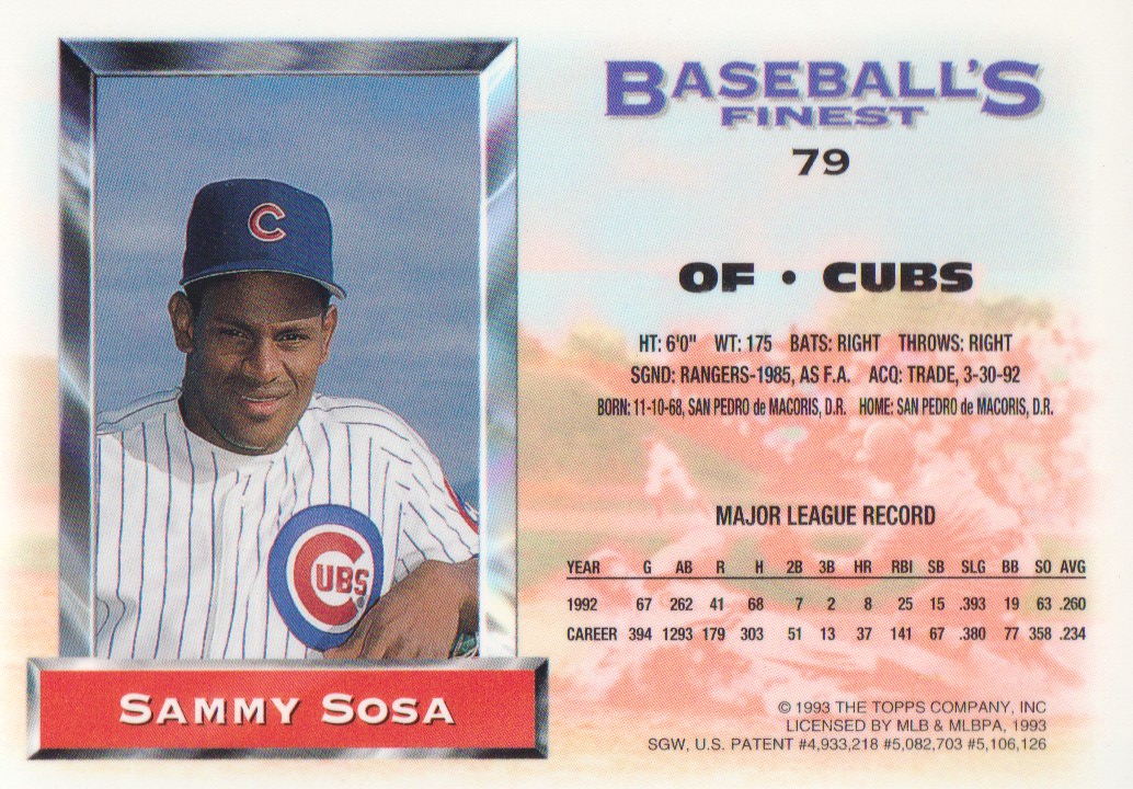 1993 Finest #79 Sammy Sosa back image