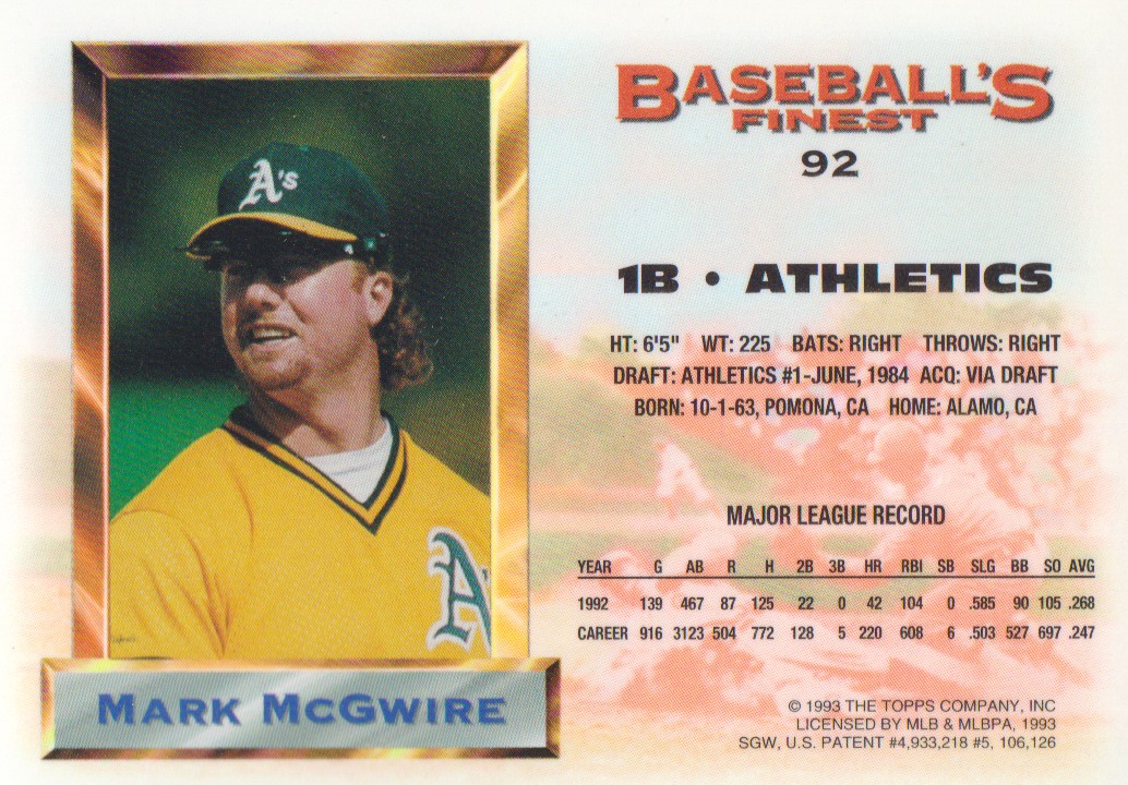1993 Finest #92 Mark McGwire AS back image