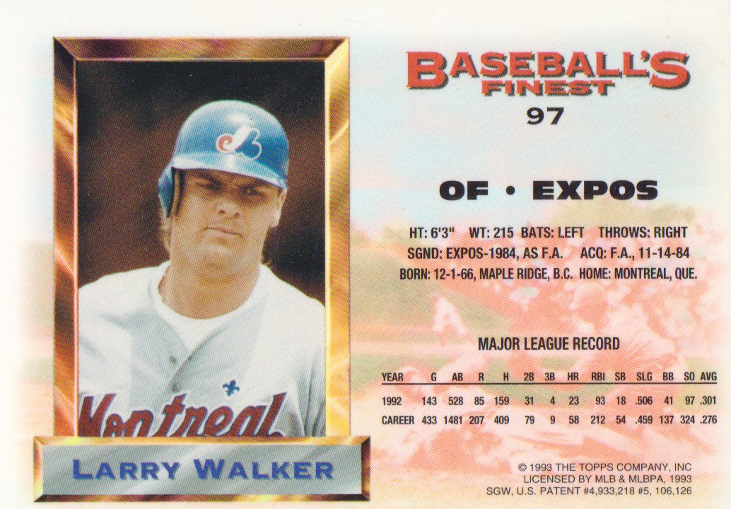 1993 Finest #97 Larry Walker AS back image